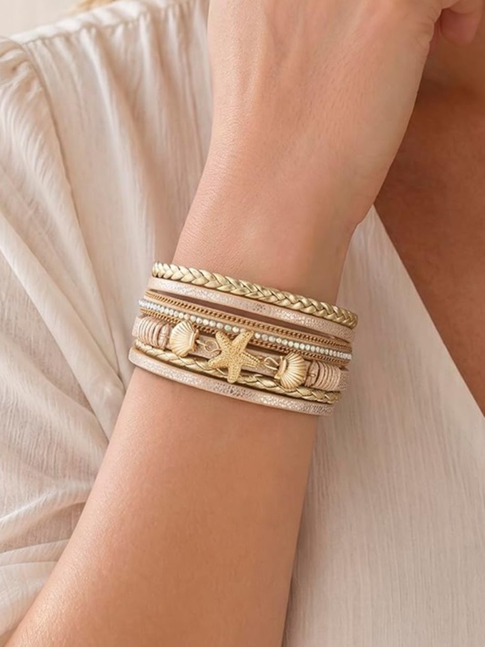 Anthropologie Gold and Blush Shell & Starfish Wrap Bracelet
